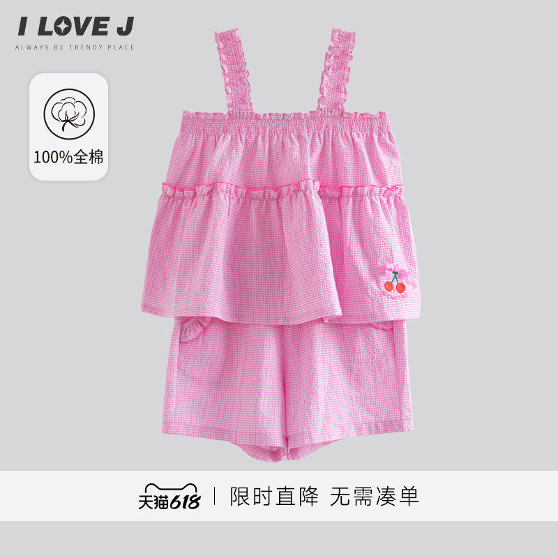 ILOVEJ韩国童装夏季女童格纹吊带两件套宝宝清凉套装短裤/MXUSE01