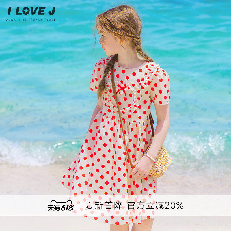 ILOVEJ韩国童装夏新款女童复古波点裙儿童度假风连衣裙子/JYUOP11
