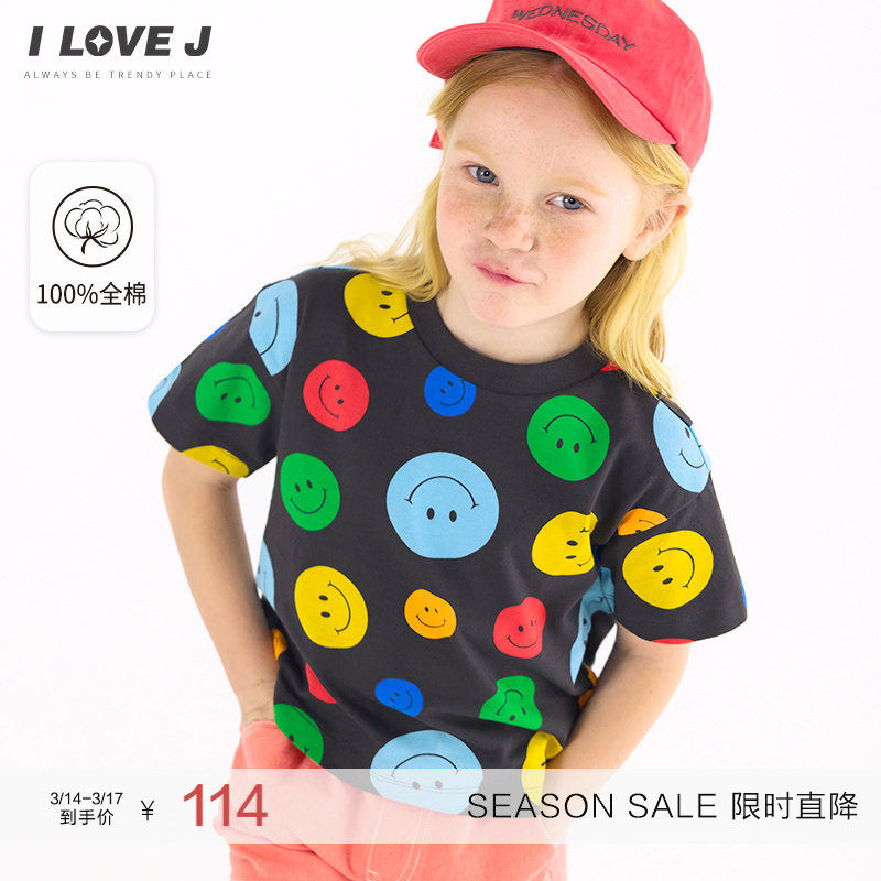 ILOVEJ童装夏季女童纯棉T恤笑脸韩版黑色上衣短袖JWUTO29