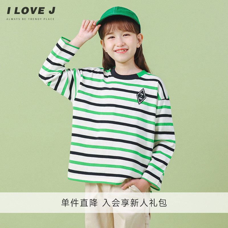 ILOVEJ童装春秋女童长袖T恤宽松儿童条纹纯棉百搭上衣圆领JVFTO92