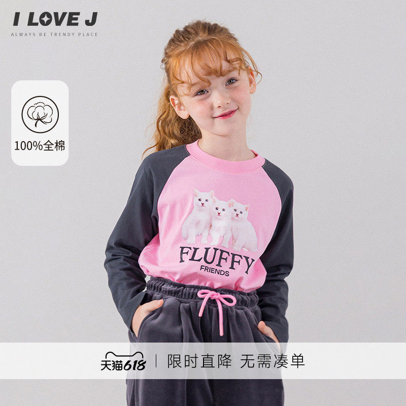 ILOVEJ韩国童装原创猫咪女童春秋长袖T恤纯棉插肩袖上衣/JXFTO08