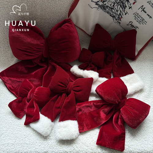 圣诞新品丝绒红色蝴蝶结圣诞树装饰配件场景布置挂件diy门挂花艺