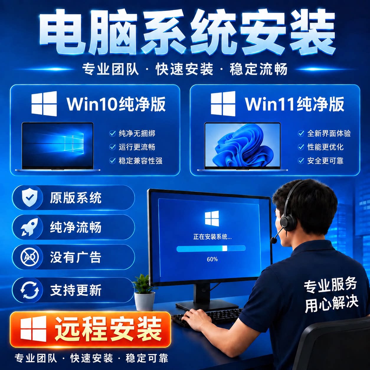 电脑系统重装Win10/Win11专业版纯净版笔记本台式机远程安装系统