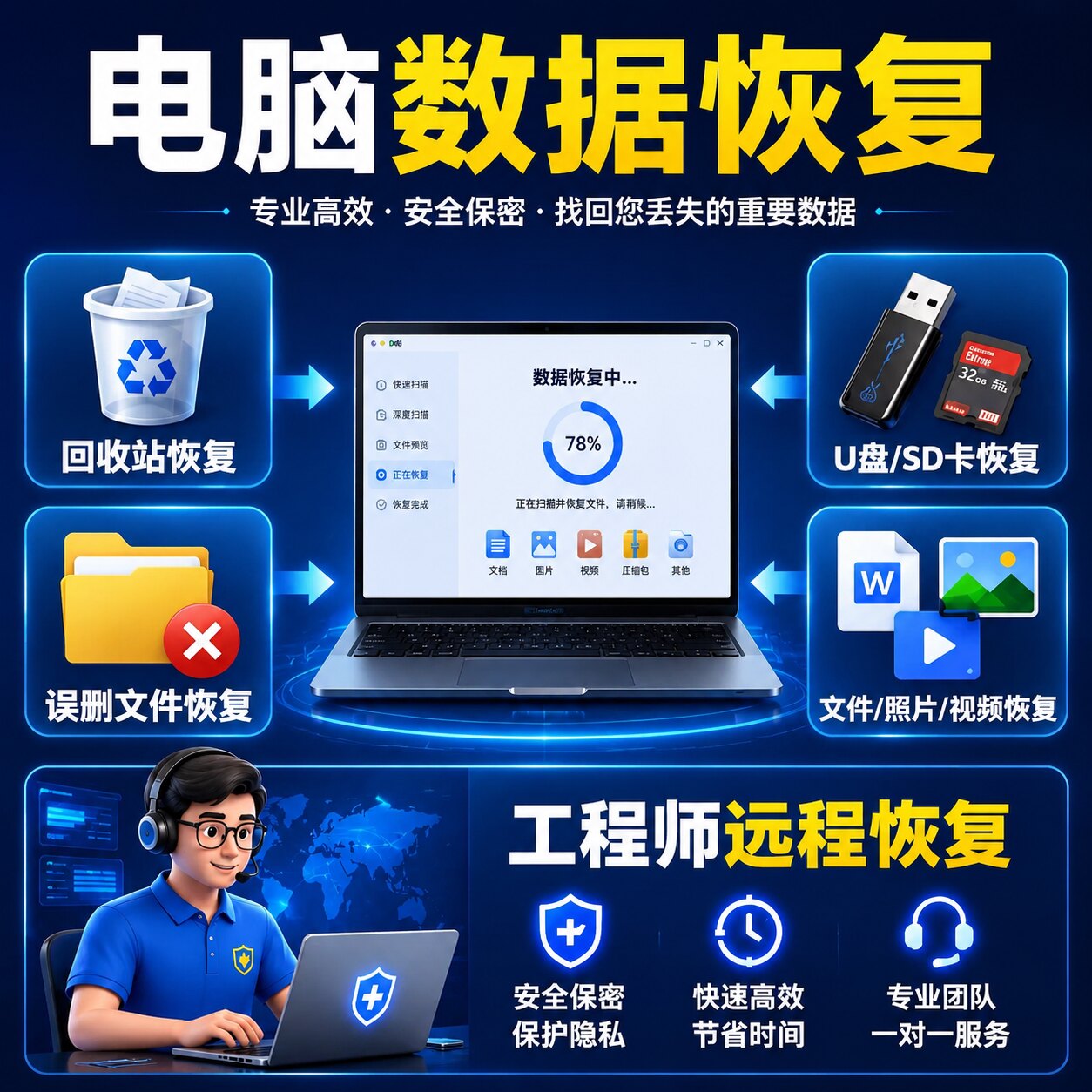 电脑数据恢复回收站误删除文件恢复远程找回C盘D盘文件照片视频