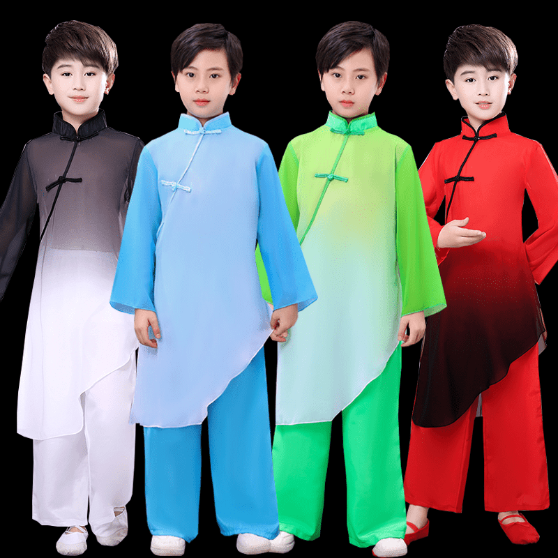 中国风武术服太极扇表演服男孩古典舞演出服团体操功夫水墨服书童