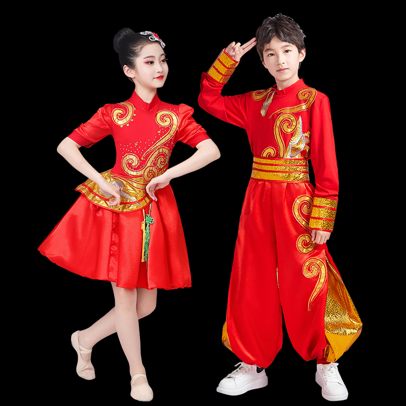 元旦儿童喜庆演出服表演服打鼓腰鼓中国风喜庆灯笼服鼓舞蹈服冬