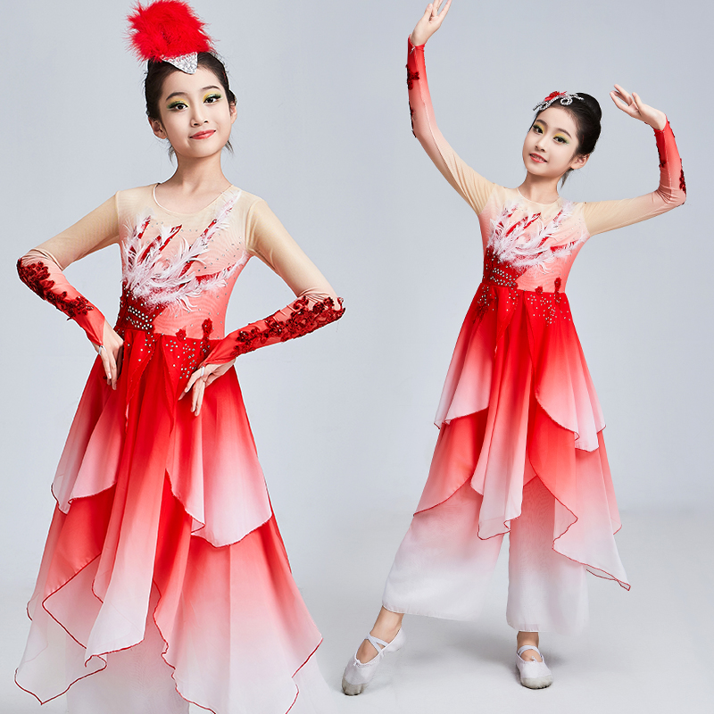 兒童古典舞演出服表演劇目俏紅狐舞蹈服飾藝考扇子舞靈狐飄逸套裝