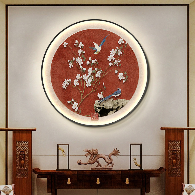 新中式喜上眉梢入户玄关装饰画高档走廊过道壁灯寓意好圆形饭厅画