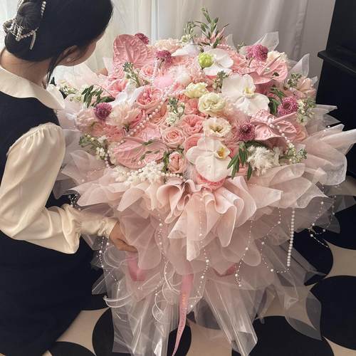 永生花粉荔枝混搭花束仿真花