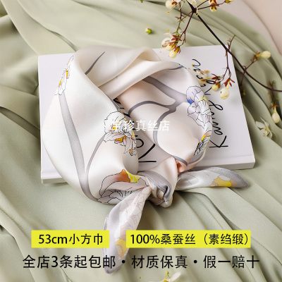 材质保真~清雅珍珠米真丝丝巾夏季小方巾女 100%桑蚕丝领巾短围巾