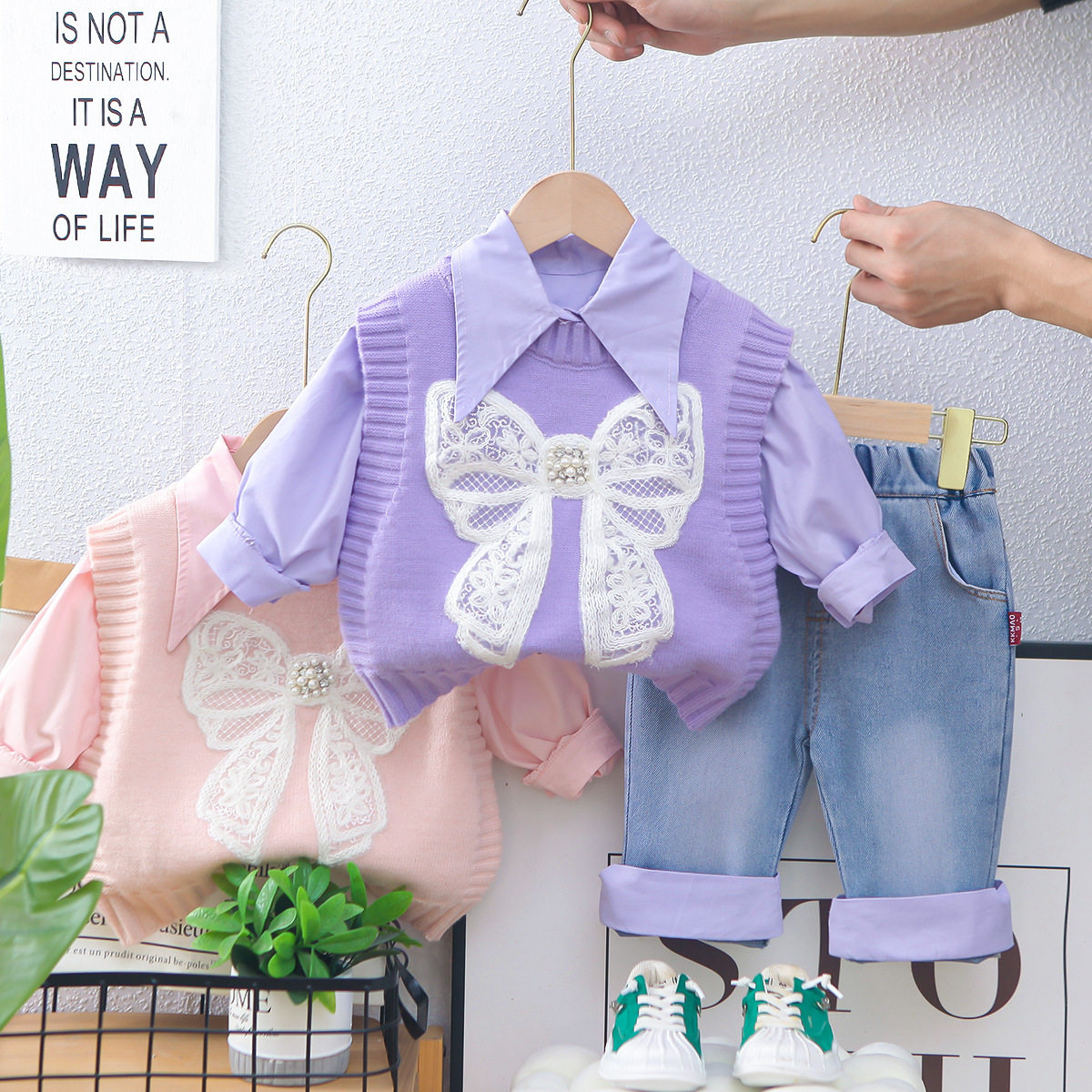 品牌专柜女童春秋套装新款宝宝蝴蝶结毛衣背心三件套女孩韩版长袖