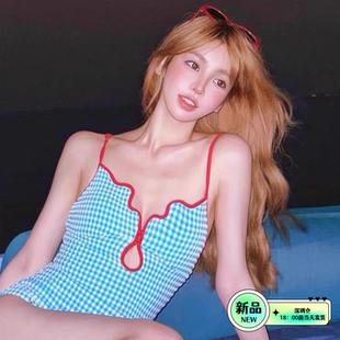 2024夏新款 休闲泳衣纯欲风连体露背显瘦遮肚蓝色格子沙滩度假泳装