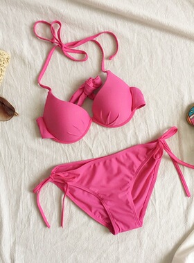 沙滩度假PINK粉玫红比基尼泳衣女钢托聚拢大小胸性感三点式泳装