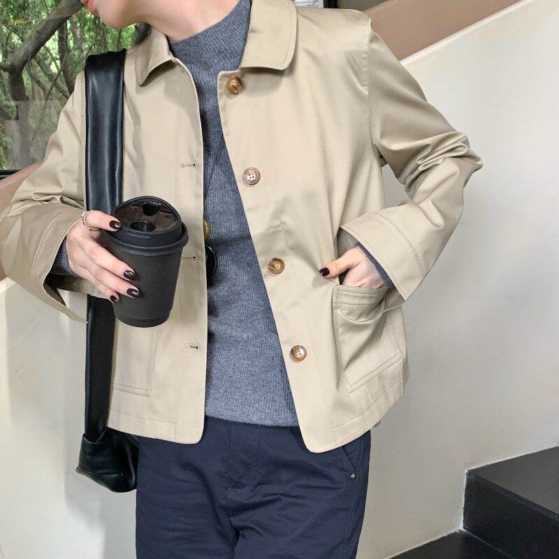 秋季新款日系简约短款气质外套女通勤百搭休闲卡其色工装夹克上衣