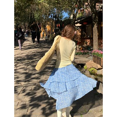 韩系蓝色碎花A字半身裙女