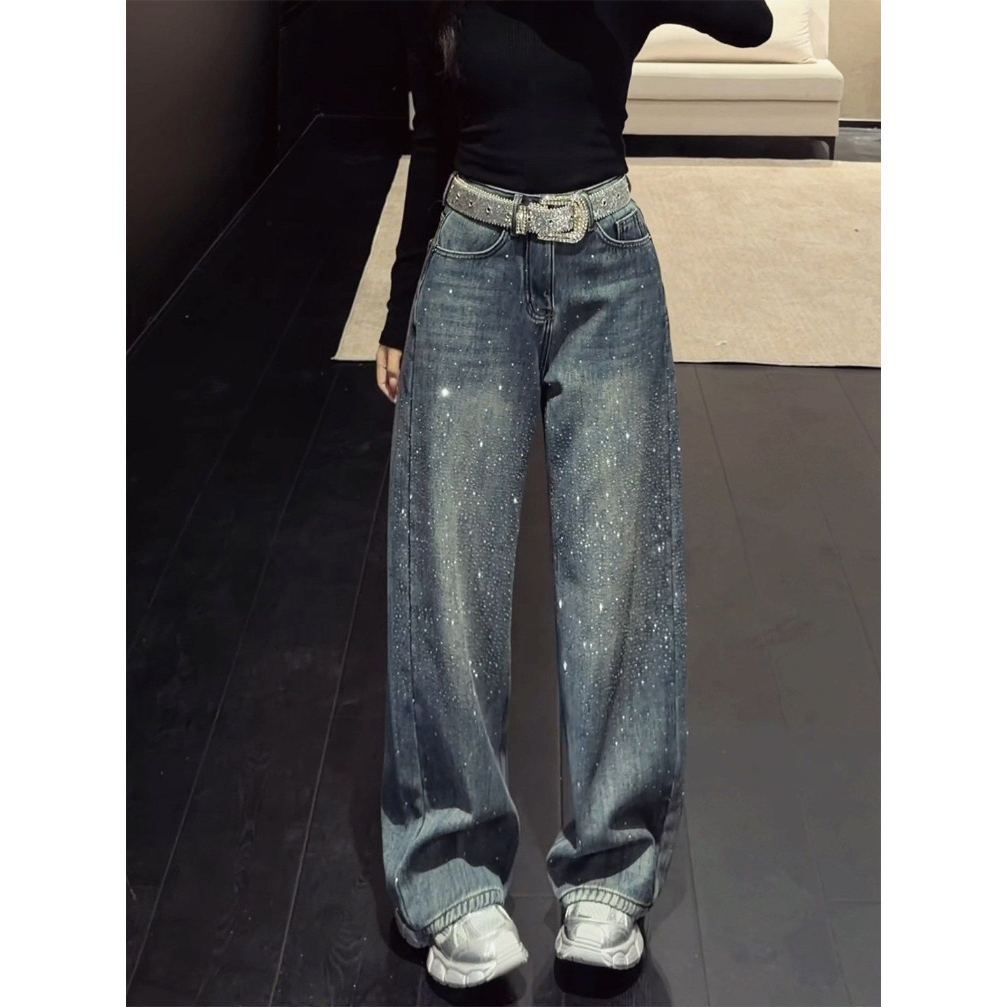 复古满天星烫钻阔腿牛仔裤女春季新款大码高腰胖mm显瘦宽松直筒裤