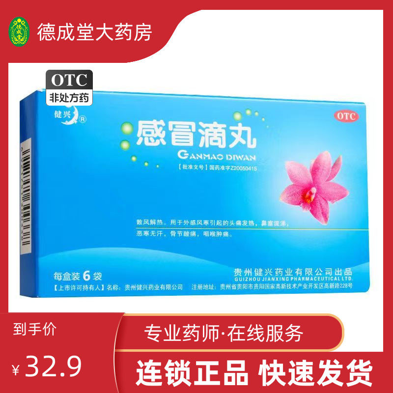 健兴感冒滴丸2.5g*6袋/盒 鼻塞流涕恶寒无汗外感风寒颗粒酸痛退烧