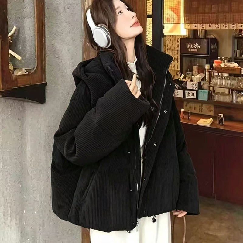 上衣减龄洋气条绒小棉袄女冬装新款短款连帽休闲宽松棉衣棉服外套