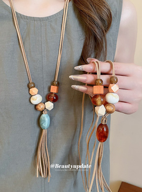 韩国绒亚克力木头串珠流苏项链复古民族风锁骨链小众设计感毛衣链