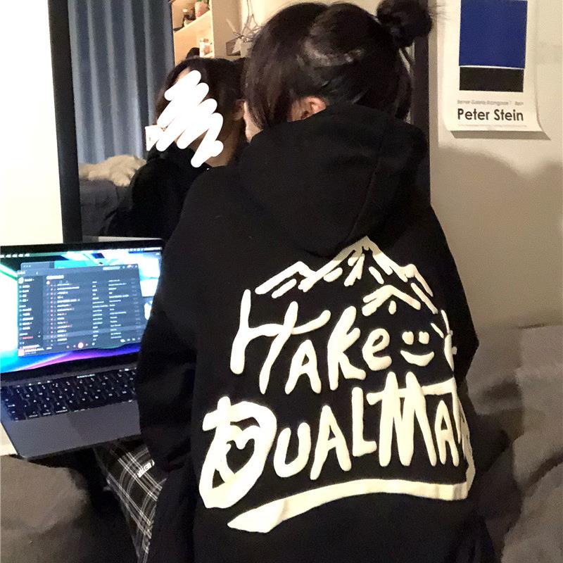 924#250g 韩版ins加绒字母连帽衫宽松连帽卫衣长袖套头上衣外套