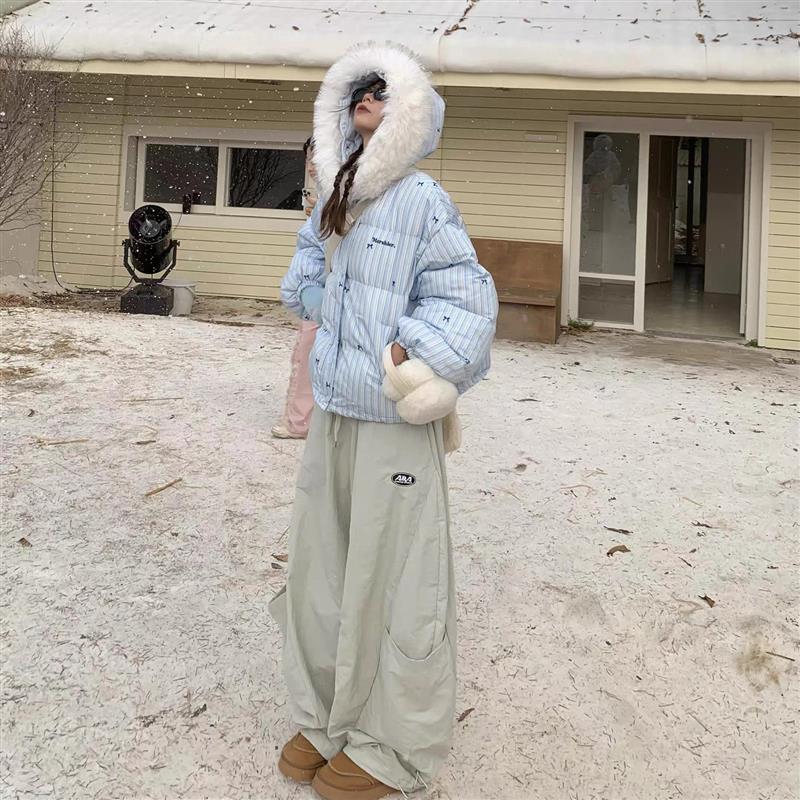 现货2025年美式条纹蝴蝶结毛领连帽棉服外套冬季加厚保暖棉衣女