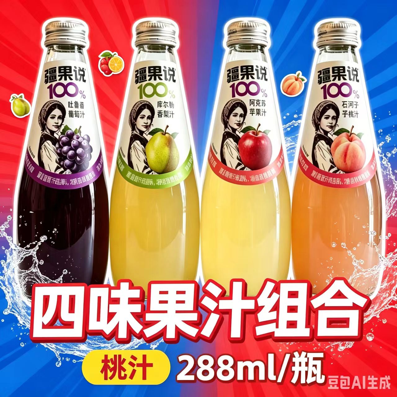 疆果说果汁饮料葡萄汁苹果汁蟠桃汁香梨汁288ml*6瓶高颜值特价