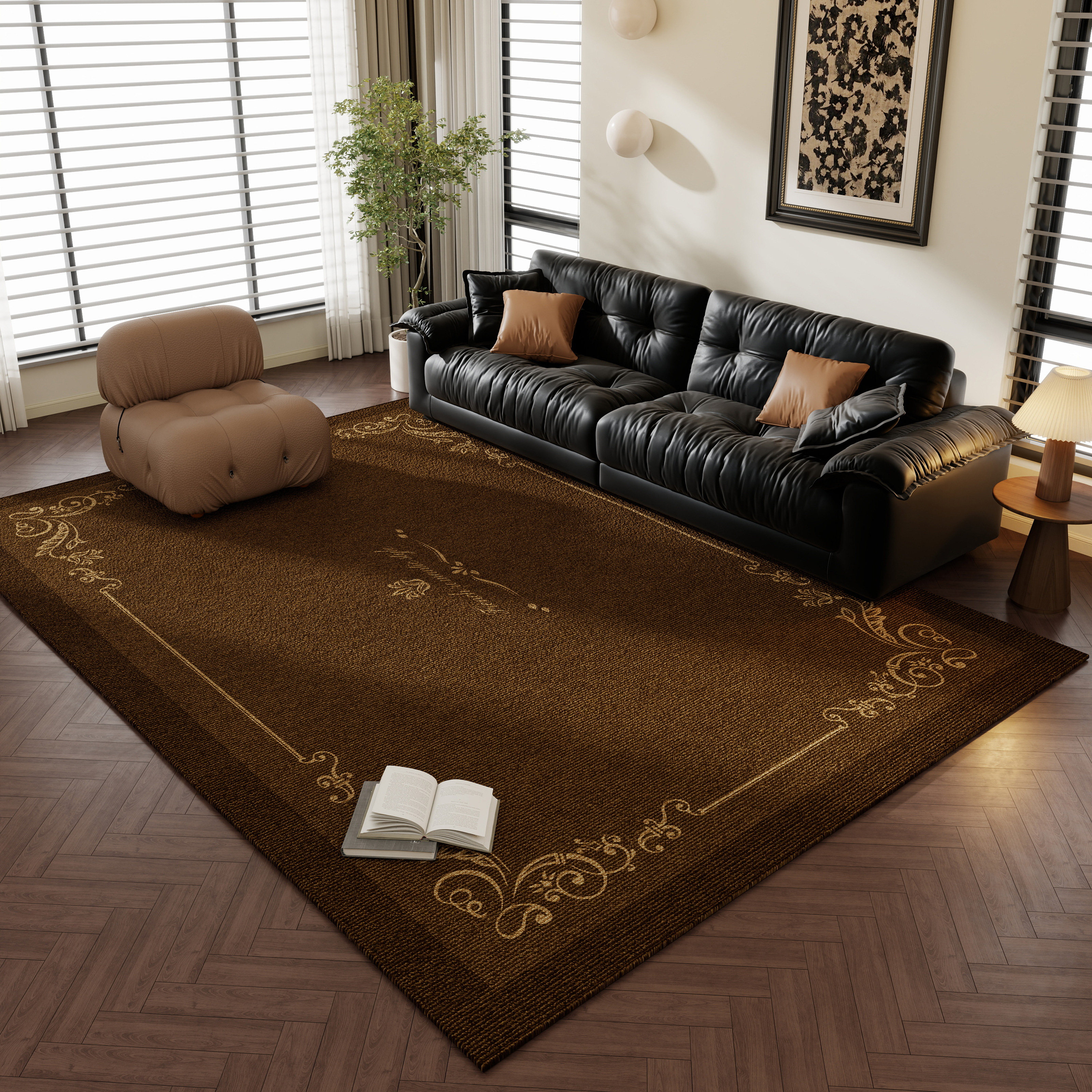 轻奢复古风地毯客厅卧室大面积全铺防滑家用棕色花纹新款高级地垫