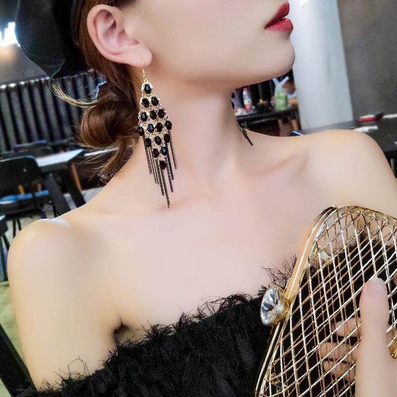 流苏长款耳饰耳饰黑水晶性感女