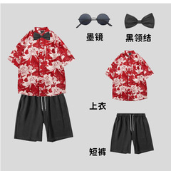 伴郎服兄弟装男短袖花衬衫裤子结婚礼搞笑宽松游戏表演兄弟团衣服