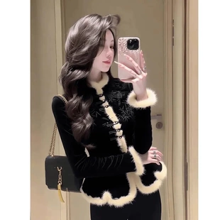 奕辰新中式原创女装新中式加绒女冬季高级感洋气保暖毛绒国风上衣