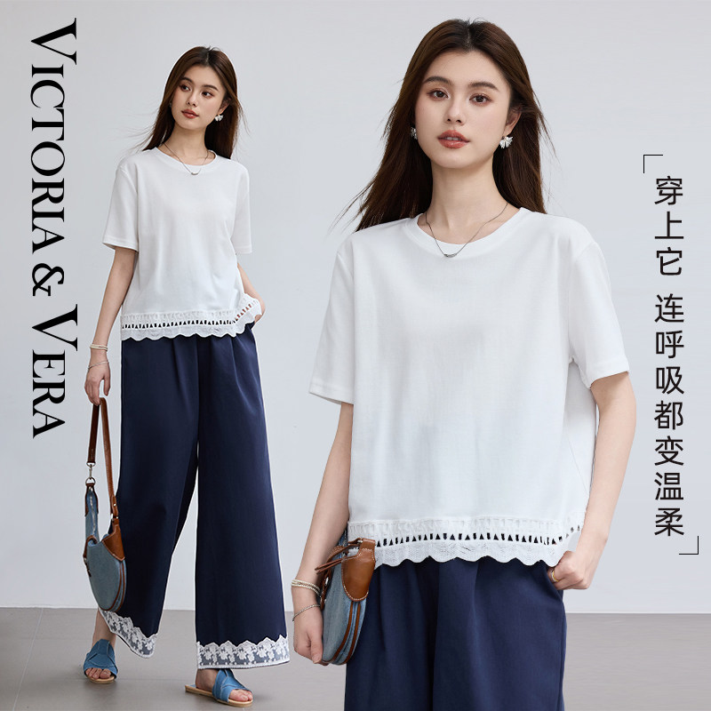 短袖女t恤夏装民族风蕾丝下摆宽松慵懒风短袖打底衫2025新款小衫
