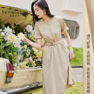 圆领复古单排扣腰带收腰全棉连衣裙 法式 VICTORIA&VERA夏季 新款