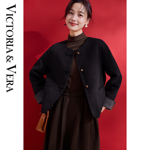 VICTORIA&VERA冬季莲蓬扣国风短款大衣可翻折袖羊毛呢一袖两穿