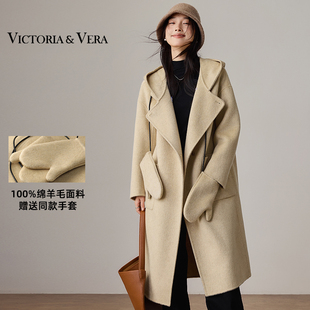 VICTORIA&VERA冬季暖调黄双面呢大衣连帽大翻领长款赠同色系手套