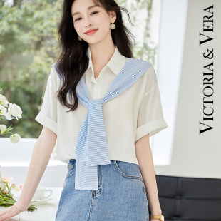衬衫 VICTORIA&VERA夏季 轻薄短袖 不可拆卸 休闲假两件撞色披肩