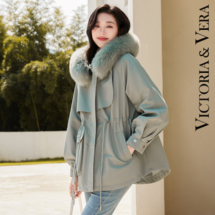 VICTORIA&VERA秋冬狐狸毛领内胆兔毛大口袋收腰加厚派克服外套