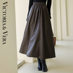 VICTORIA&VERA冬季 显瘦PU皮半身裙 气质复古高腰垂感A版