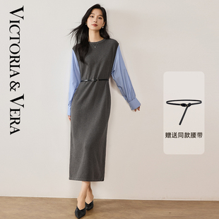 连衣裙法式 学院风衬衫 显气质长裙 2025新款 假两件针织裙子女秋冬季