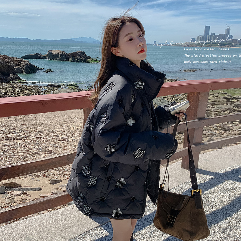 通勤短款羽绒服女加厚韩版立领小众花色修身型长袖棉服学生外套潮