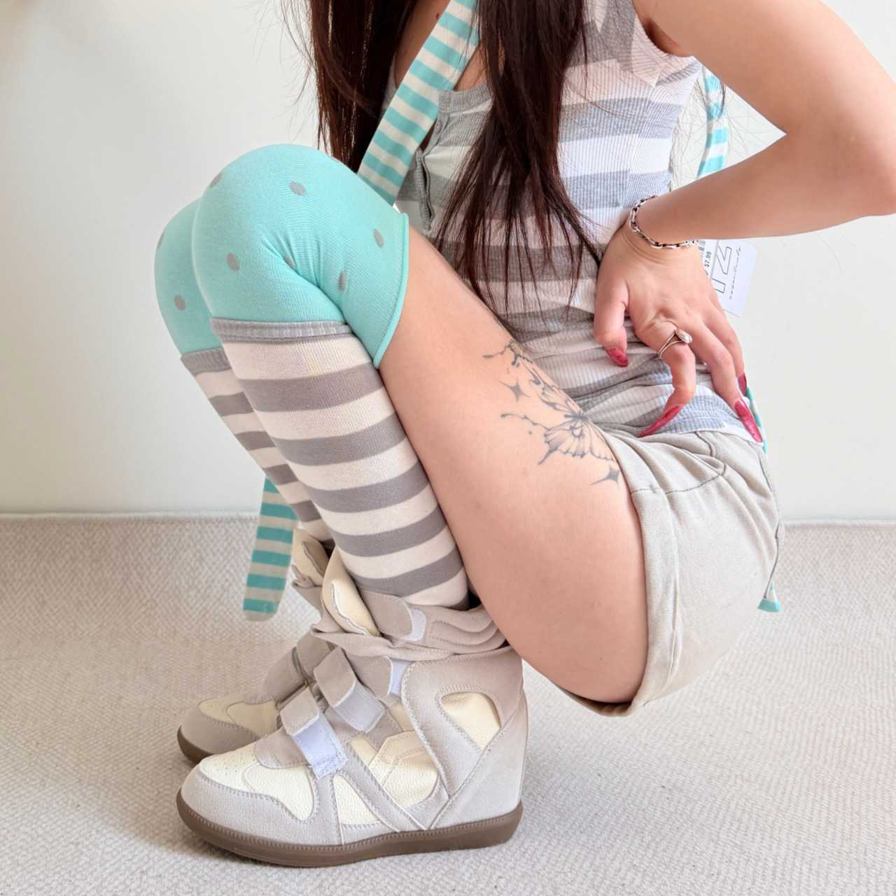 原创亚比风千禧辣妹波点条纹拼接