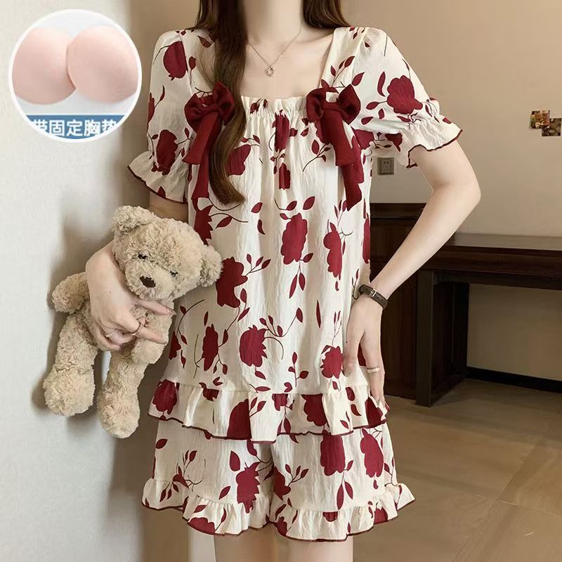 带胸垫甜美荷叶边防走光女夏短袖