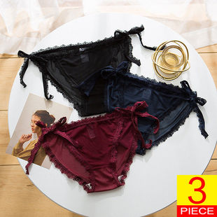 透明网纱纯棉裆部大码三角裤 系带蕾丝花边绑带女士内裤 胖mm新款