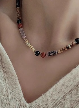 复古美拉德敦煌配色浅棕色红黑玛瑙项链新中式国潮毛衣链包邮