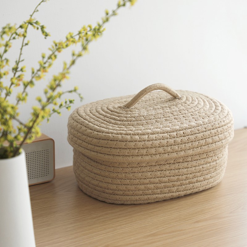 简约手工棉绳手机化妆品杂物收纳篮桌面防尘收纳盒零食针线筐