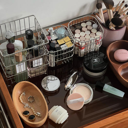 【化妆好物】不锈钢桌面化妆品收纳盒铁艺收纳筐化妆刷口红金属篮