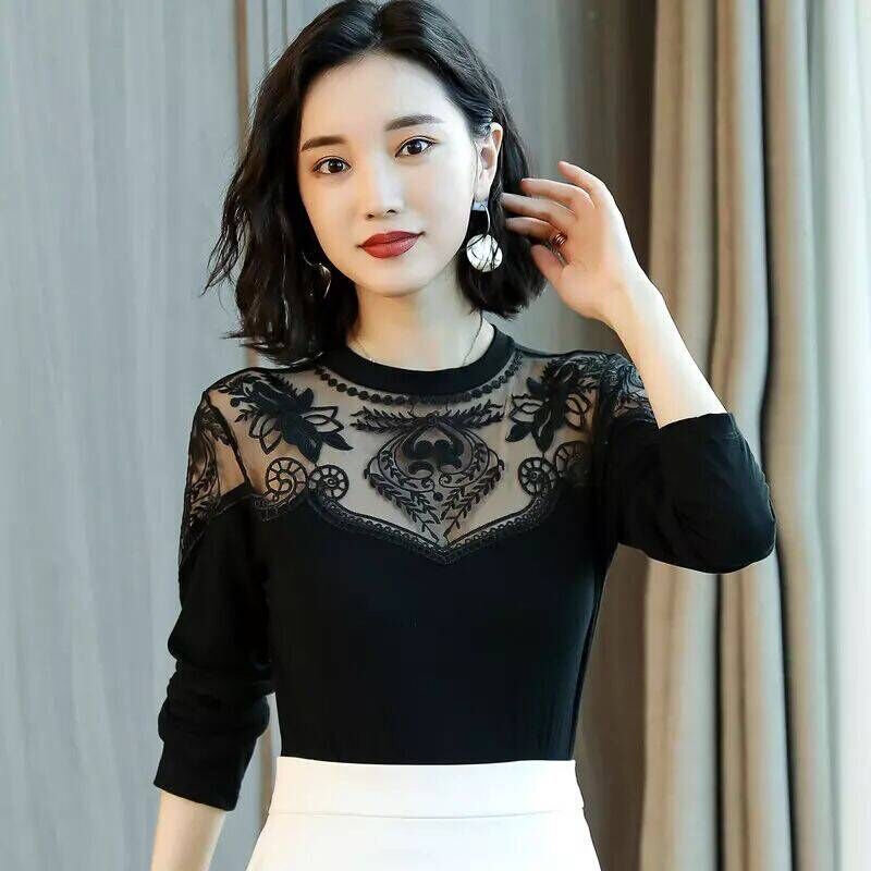 现货速发弹力拼接蕾丝花型外穿打底衫大码女装长袖T恤显瘦上衣女