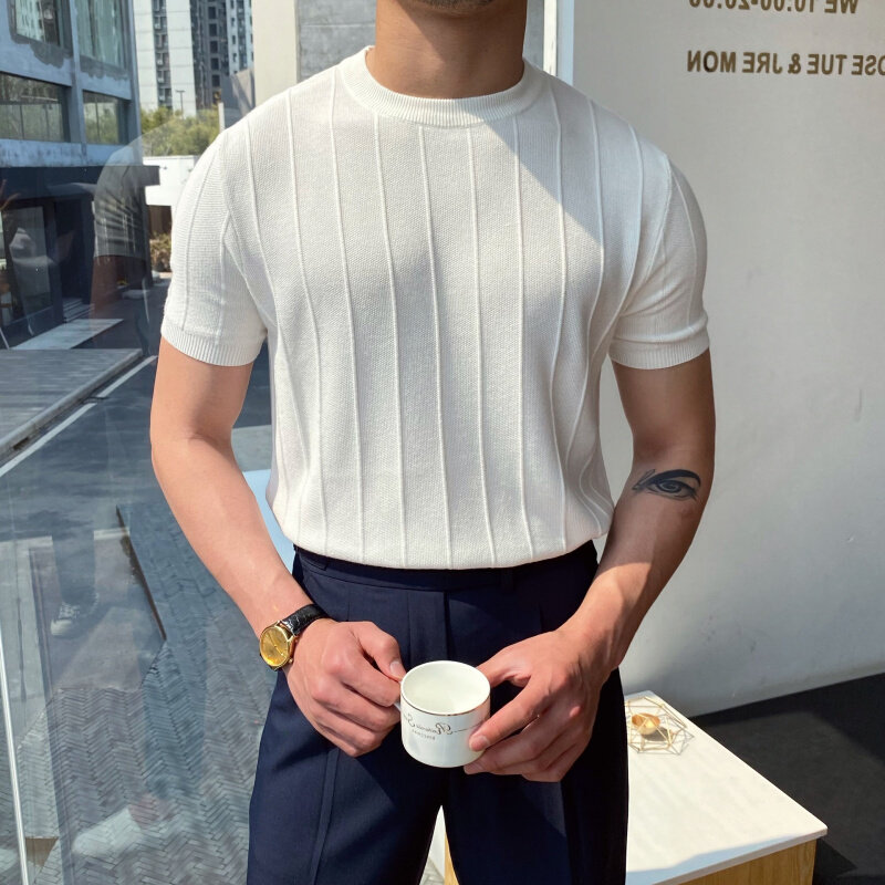 高货速发轻奢针织T恤男夏季新款圆领t恤半袖男短袖薄款韩版打底衫
