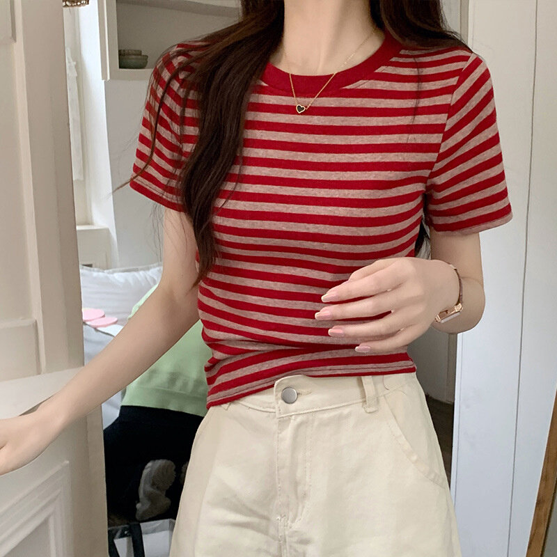 高货速发2024夏季复古条纹短袖t恤女装潮韩版修身撞色设计感正肩