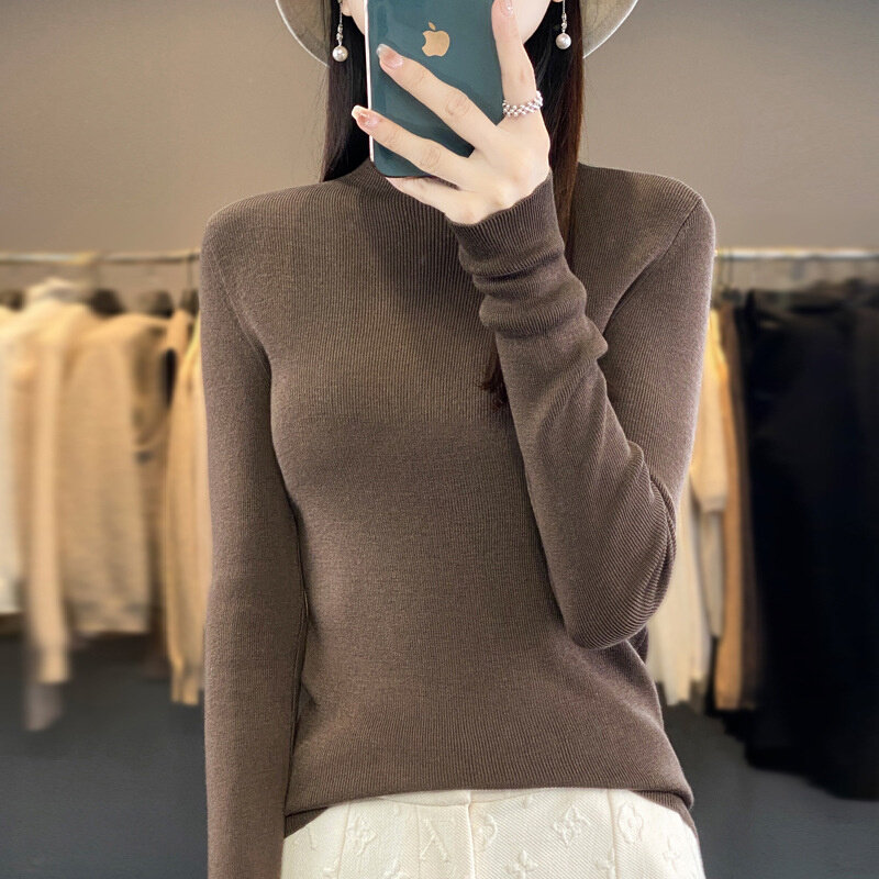 高货速发四平精纺羊毛针织衫女春秋打底衫内搭半高领显瘦修身薄款