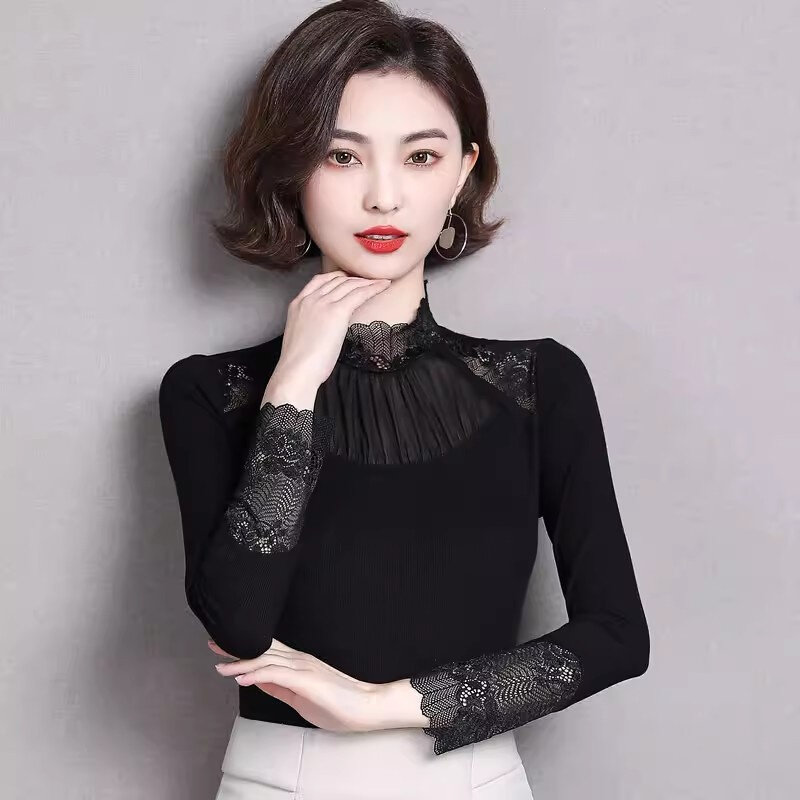 高货速发2024春季新款打底衫女洋气时尚个性长袖半高领蕾丝莫代尔